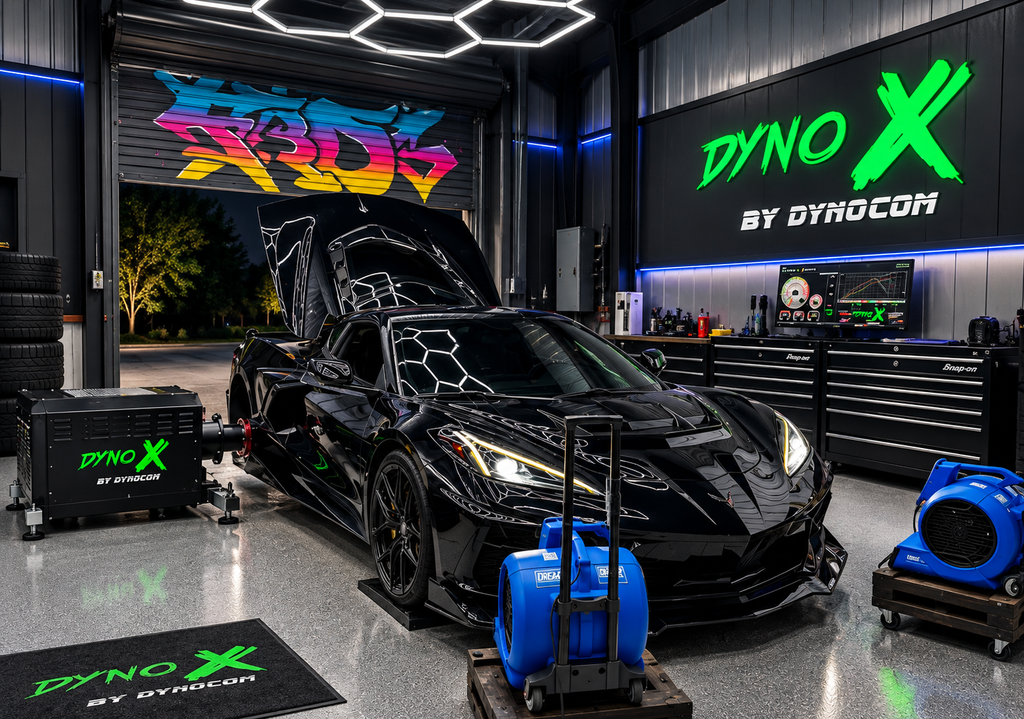 Custom black C8 Corvette with scissor doors and spider web wrap on Dyno X DC POD PLUS dynamometer in Dyno X by Dynocom showroom