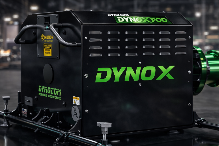 Dynocom DYNO X POD unit - close-up showing green DYNOX branding and eddy current brake housing
