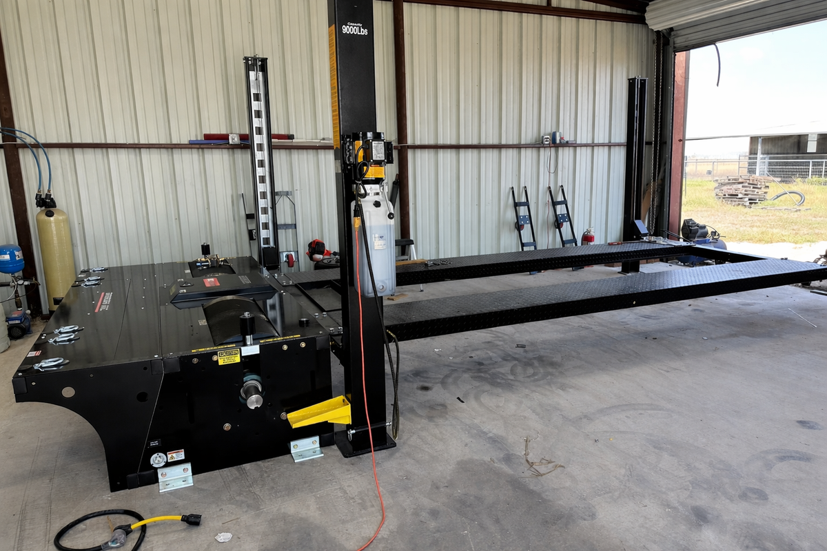 Dynocom 15,000 Series above-ground chassis dynamometer being installed in metal shop building